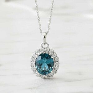 Blue Pendant Necklace - Ladies Silver Blue Oval Necklace